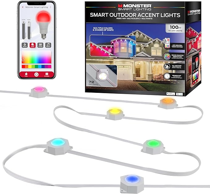 Monster Smart Permanent Outdoor Lights, 100ft, 72 LED Eaves Lights, RGB+IC+WW, Weather & Water Resistant, App & Voice Control, Compatible with Alexa and Google, for Halloween, Christmas & Year-Round