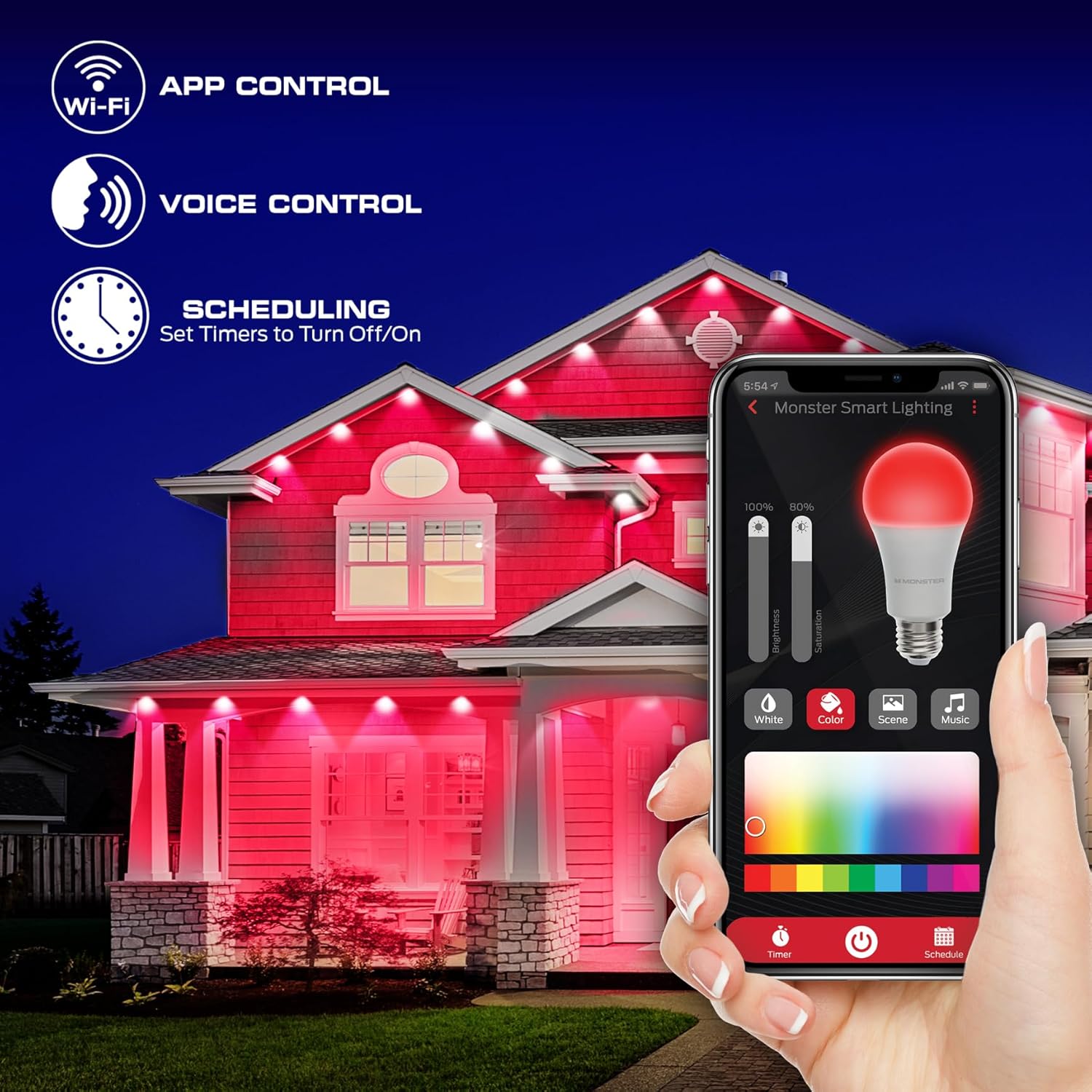 Monster Smart Permanent Outdoor Lights, 100ft, 72 LED Eaves Lights, RGB+IC+WW, Weather & Water Resistant, App & Voice Control, Compatible with Alexa and Google, for Halloween, Christmas & Year-Round